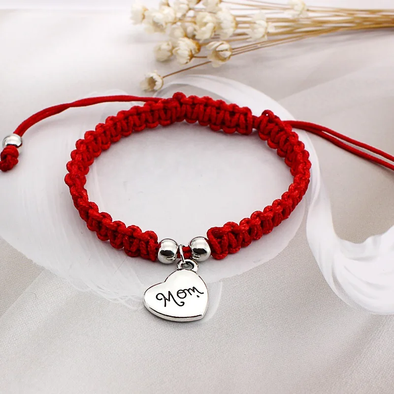 Lucky Red Rope Bracelet Women Handmade Woven String Mom Heart Pendant Bracelet Charm Jewelry 2021 Mother's Day Gift Wholesale