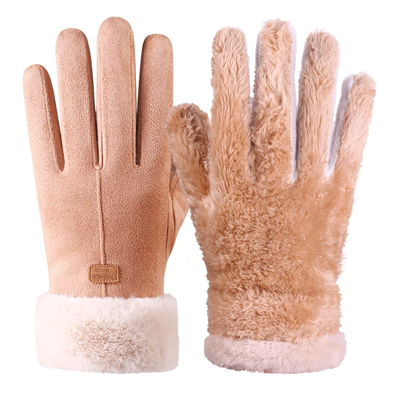 Gants en daim à écran tactile pour femme, mitaines noires, chauds, peluche, intérieur, doigt, femme, élégant, doux, hiver