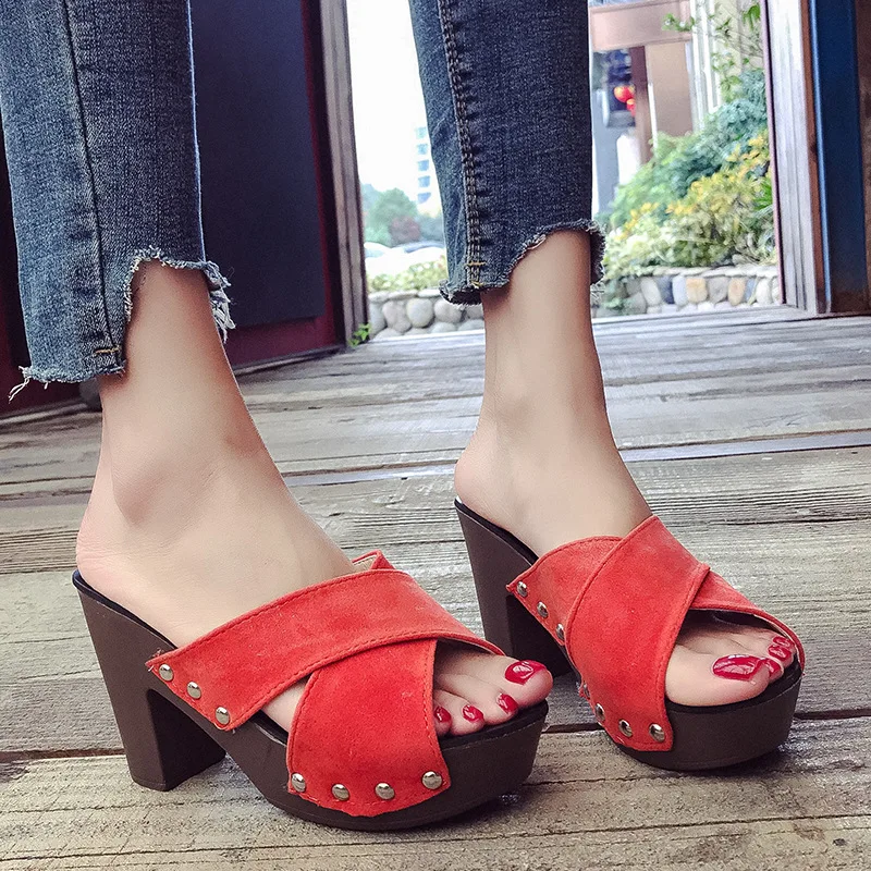 Summer Women Cross Strap Chunky Heel Sandal Thick High-Heeled Flip Flop shoes Beach Open Toe Sandal Sandalias Zapatos Mujer 859