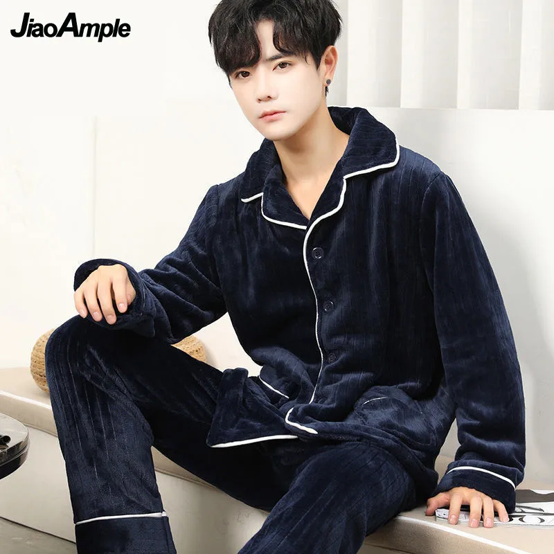 Pajamas Men\'s Winter Coral Velvet Thickened Sleepwear Suits Male Warm Pijamas Casual Cartoon Nightie Pyjamas Home Clothes Set