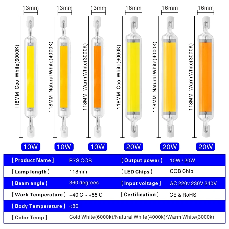 R7S LED 78 مللي متر 5 واط 8 واط R7S الأضواء 118 مللي متر 10 واط 20 واط 220 فولت 230 فولت 240 فولت COB المصباح الكهربي أنبوب زجاجي استبدال 30 واط 50 واط 100 واط مصباح هالوجين ضوء