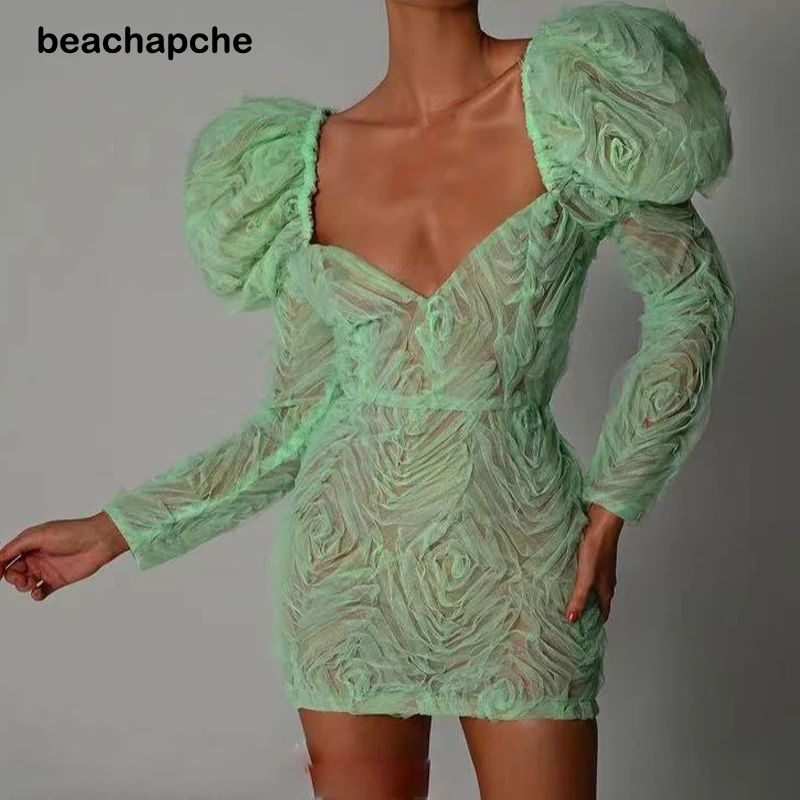Beachapche Zielona kwiatowa sukienka z bufiastymi rękawami Kobieca kwiatowa koronkowa mini sukienka klubowa Kobiety letnia impreza seksowna krótka sukienka imprezowa