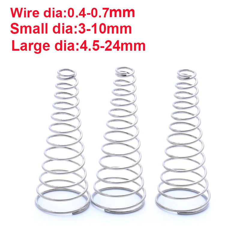 

1Pcs 304 Stainless Steel Conical Compression Springs Tower shaped Spring Wire dia:0.4-0.7mm Small dia:3-10mm Large dia:4.5-24mm