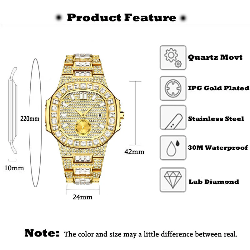 Hip Hop Mens Watches Luxury Date Quartz Wrist Waterproof Watches CZ Stone Paved Stainless Steel Watch for Men Charm Jewelry