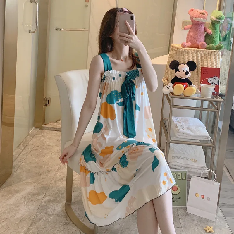 S-5XL Big Sizes Nightdress for Female Summer Big Bow Design Sleep Dress Sexy Woman Sling Night Dress Women Night Sleepwear