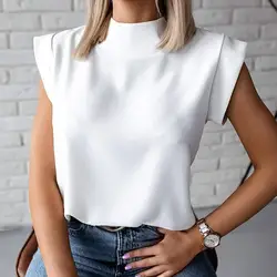 2020 Blouse Women Casual Summer Solid Color Stand Collar Short Sleeve Slim Blouse  Women's Clothing блузка женская