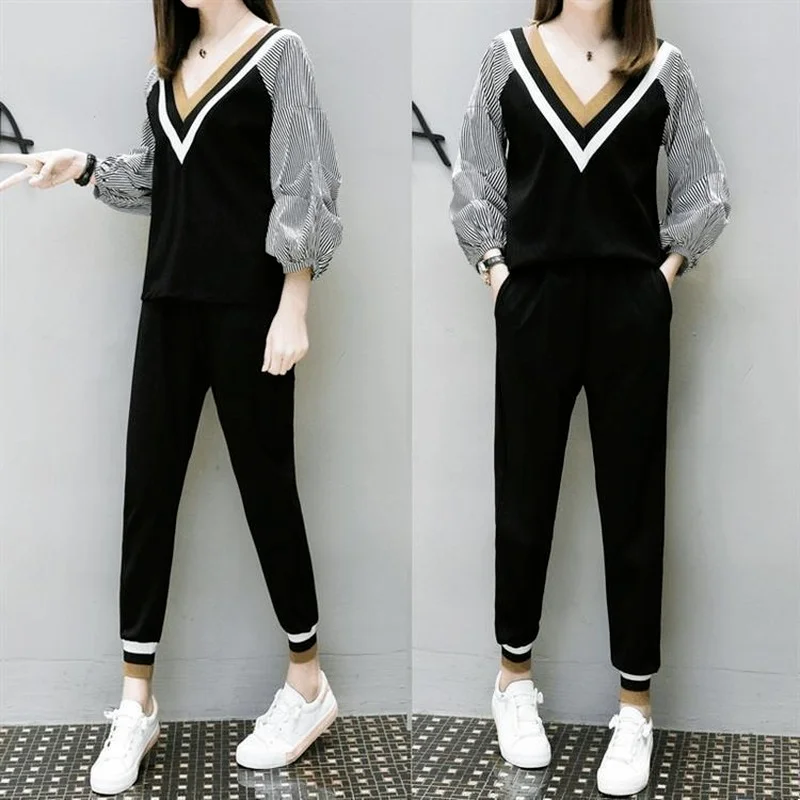 Autumn and Winter Plus Size 2021 New Women's Slimming Harem Pants Knitted Two-piece Western-style Sports Pants Suit