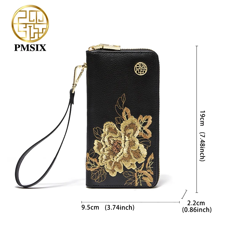 PMSIX Fashion Women Wallets Long Embroidery Genuine Leather Wallet Female Zipper Clutch Coin Purse Ladies Wristlet 2021