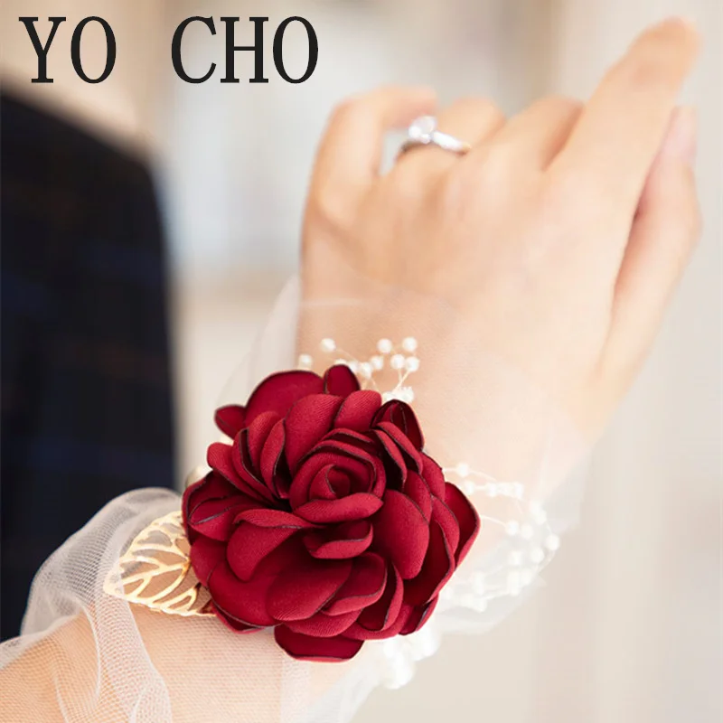 YO CHO Wrist Corsage Bransoletka ślubna dla druhny Burgundy Silk Wrist Corsage Bridesmaid Sisters Hand Flowers Men Boutonniere