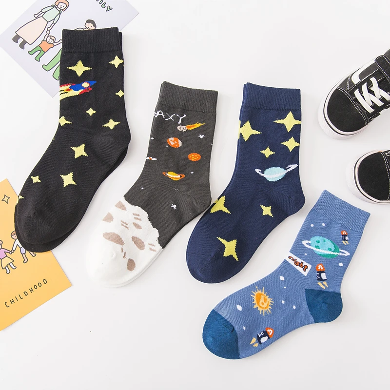 Kids Boy Socks Cotton Cartoon Socks Kids Boy Girl Funny Planet Star Universe Aerospace Cute Baby Socks Fashion Brand Black 3-10Y