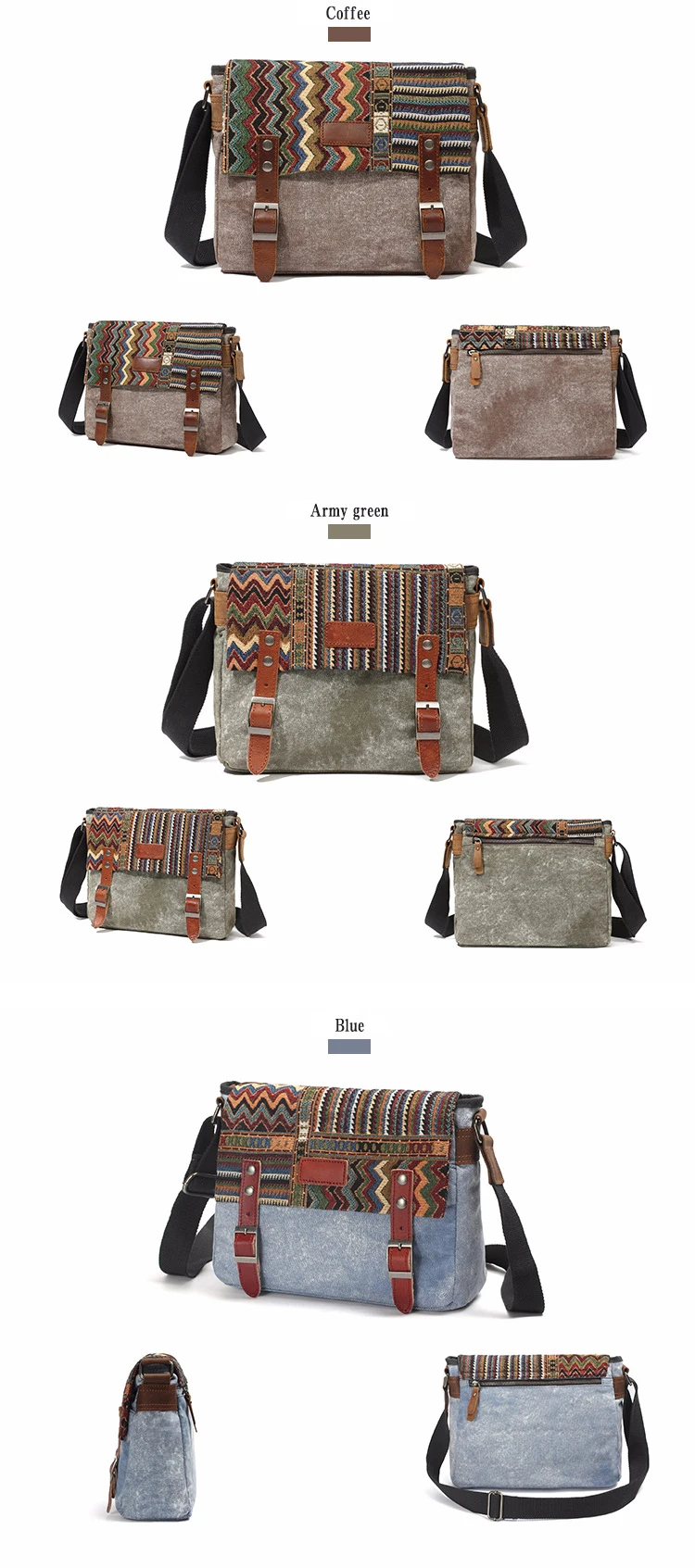 High Quality Waxed Canvas Shoulder Bag National Style Crossbody Bag Young Men Patchwork Color Flap Sling Bag