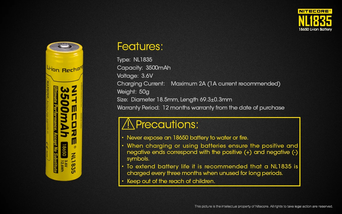 Nitecore NL1835 18650 3500mAh NL1834 3.6V 12.6Wh Rechargeable Li-on Battery High Quality with Protection Nitecore NL1835 18650