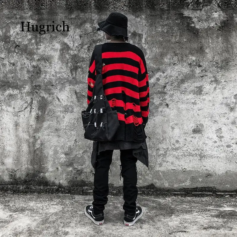 Black Red Striped Sweaters Washed Destroyed Ripped Men Hole Knit Jumpers Men Women Oversized Sweater