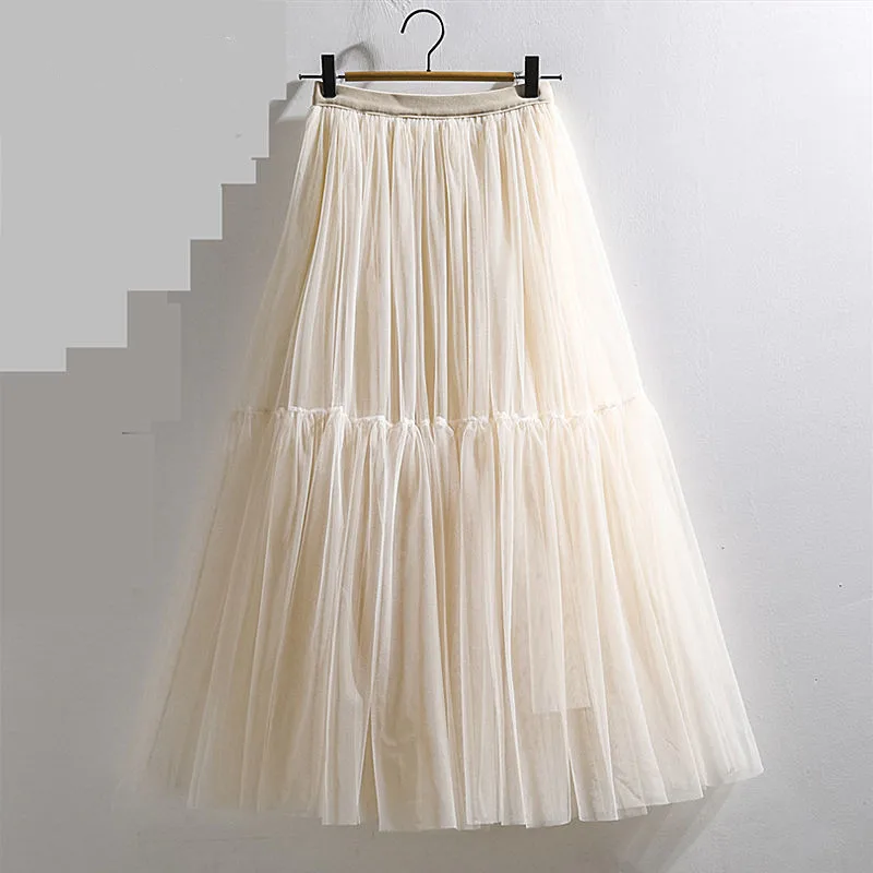 

Women Skirt Beige Black Pink High Waist Lace Tutu Skirt A-Line Simple Elegant Mesh Tulle Midi Skirt Spring Autumn mujer faldas