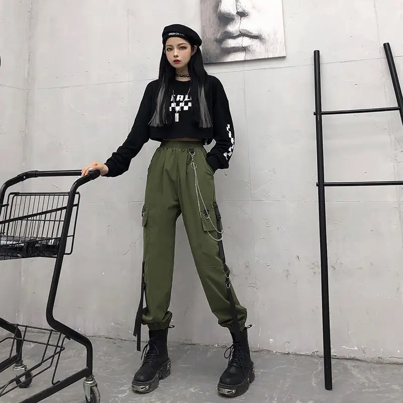 Womens Streetwear Pants With Chain Fashion Women's Cargo Pants High Waisted Casual Pants Girls Fashion Harem Ankle Banded Pants