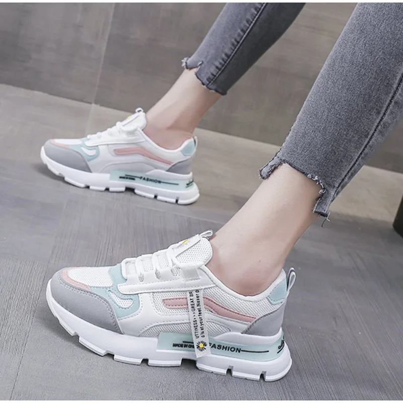 Tênis de fundo grosso feminino primavera coreano plataforma sapatos de mulher resistente respirável cores mistas com cadarço sapatos casuais feminino agradável