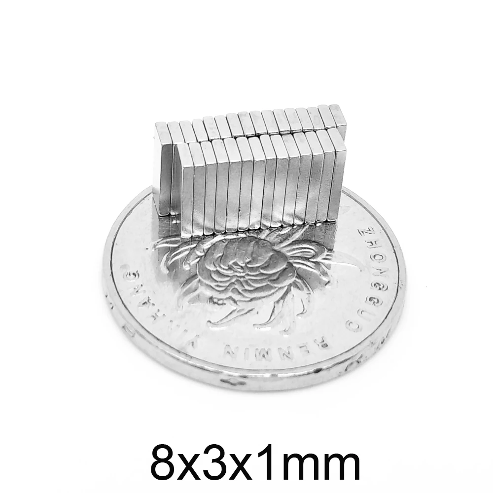 20/50/100/200/500/1000 pces 8x3x1 fino pequeno quadrate ímãs n35 8*3*1 permanente ndfeb ímã 8x3x1mm forte ímãs poderosos