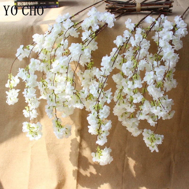 YO CHO DIY Wedding Bouquet Cherry Vine Artificial Flower 135cm Cherry Blossoms Wedding Wall Hanging Flower Bridesmaid Home Decor