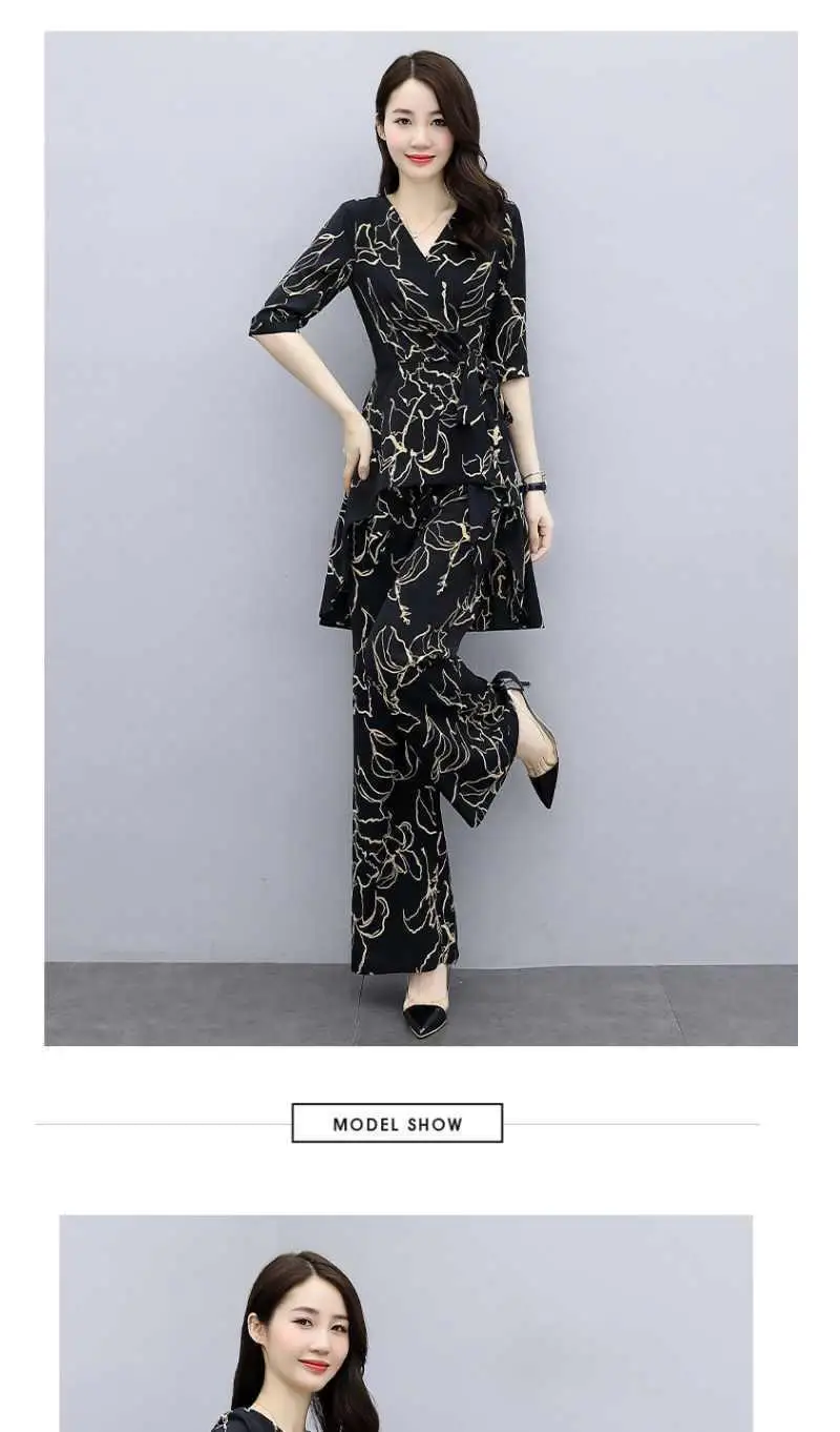 Damen-Freizeitanzug, Sommer, neues zweiteiliges Set, 2025, modisch, weites Bein, lange Hose, halbe Ärmel, Oberteil, koreanischer Stil, bedruckt, Büro-Outfits – Detail 3