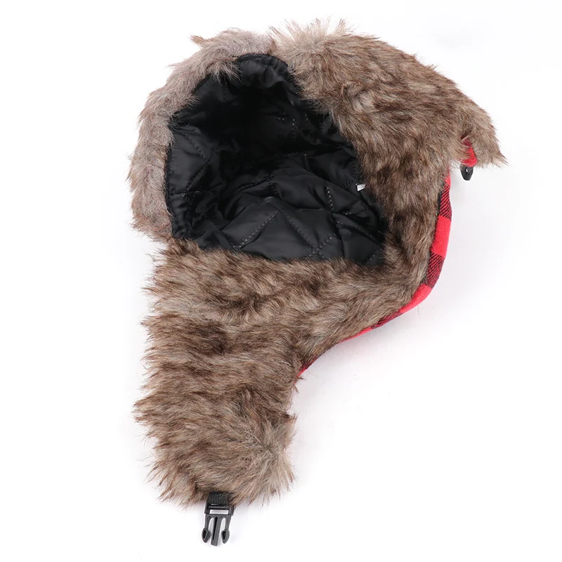 CAMOLAND Fashion Plaid Pattern Bomber Hats Women Men Soviet Badge Russia Ushanka Hat Winter Thermal Faux Fur Earflap Snow Caps