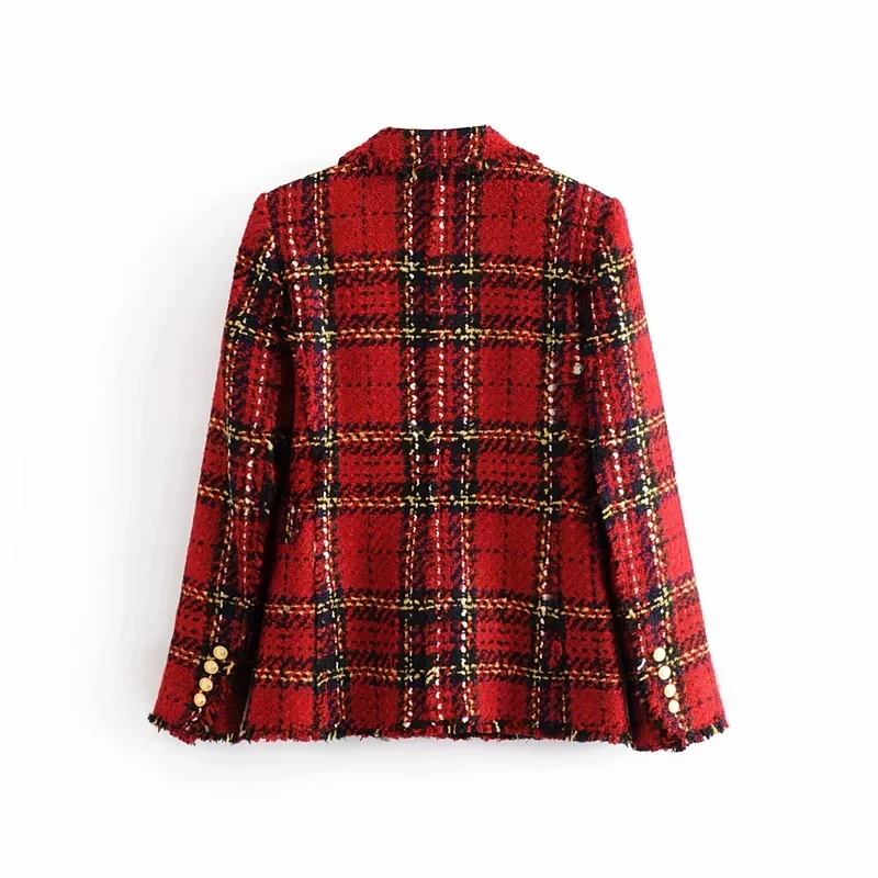 Red Plaid Blazer 2021 Women Spring-Autumn Vintage Tweed Suits Jackets Office Ladies Chic Slim Blazers Girls Tassel Tops Set Coat