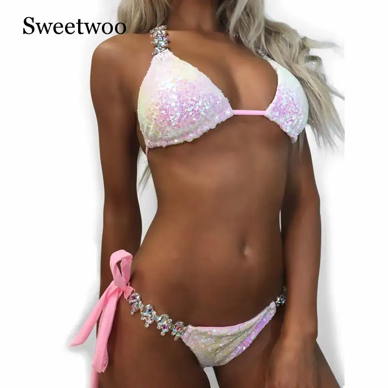 New Ornaments Swimwear Women Sequins Diamond Bikini set Bathing Suit Sexy Push up Stones Straps Swimsuit Monokini