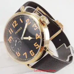 PARNIS 46mm Black Dial 6497 Hand Winding Men Wristwatch Leather Strap Rose Gold Round Case