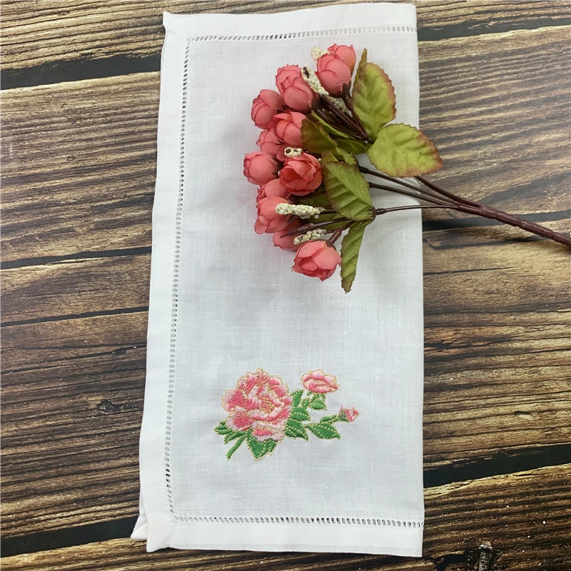 Set of 12 Handkerchiefs White Pure Ramie Cloth Fabric Table Napkins Hemstitched Border Embroidery Floral 18x18/20x20-inch Napkin