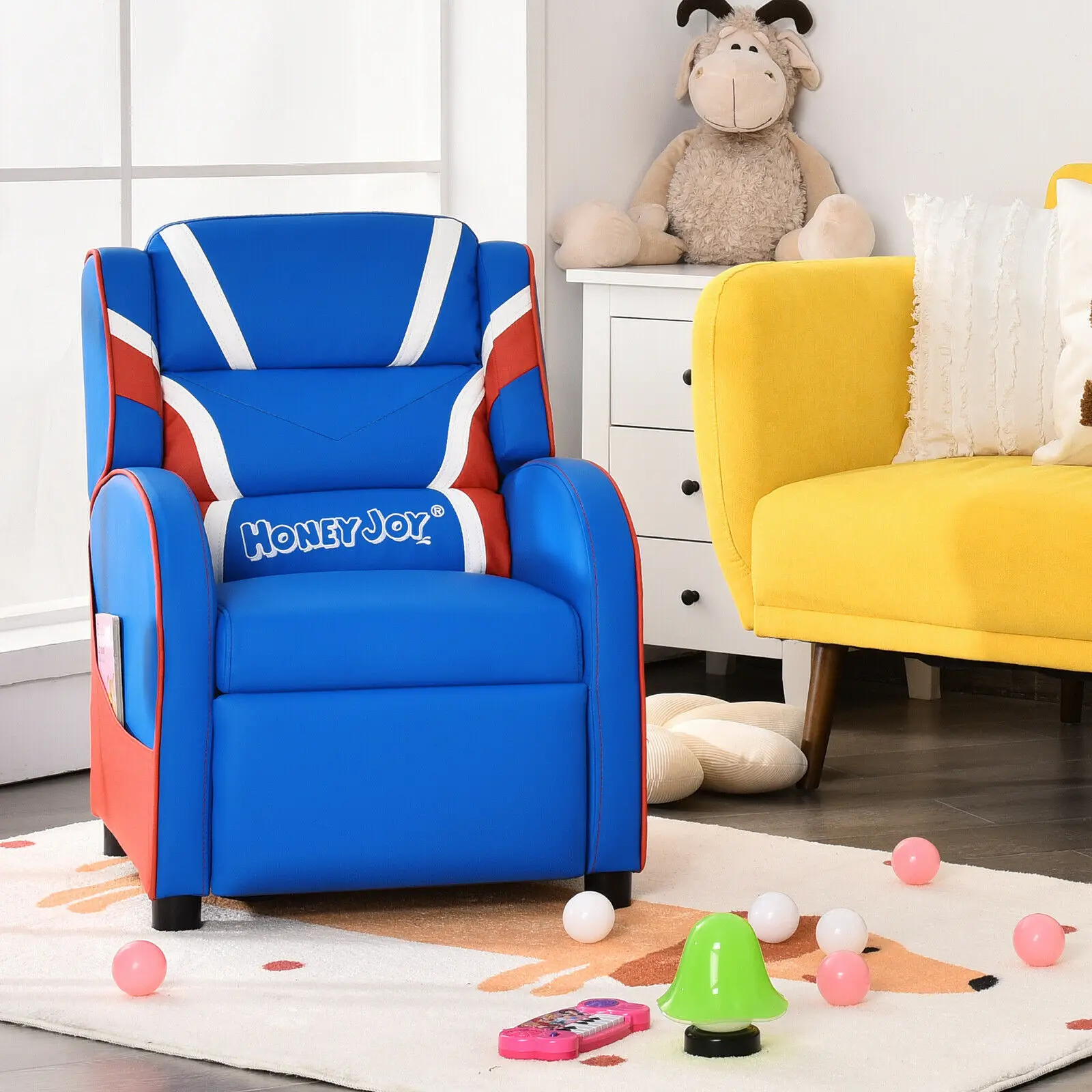 Costway-Fauteuil de jeu inclinable en cuir PU pour enfants, fauteuil avec poches latérales, bleu, rose, HW66976