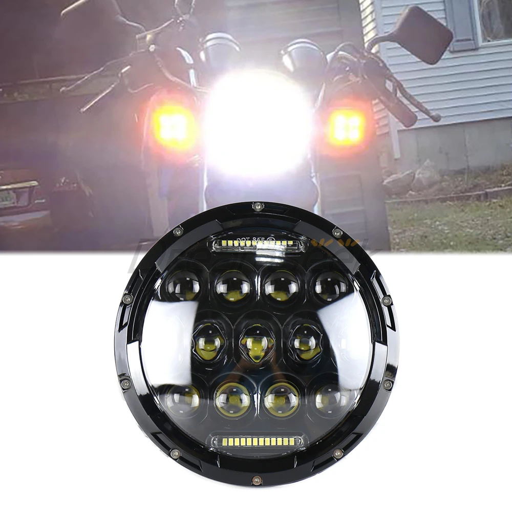 1Pcs 7 Inch 75W LED Headlight for Harley Yamaha Honda Motorcycle High Low Beam DRL Lamp Halo Headlamp Round Black