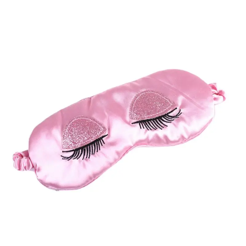 Womens Imitation Silk Glitter Sequins Long Eyelash Embroidery Sleeping Eye Mask with Storage Bag Soft Travel Blindfold