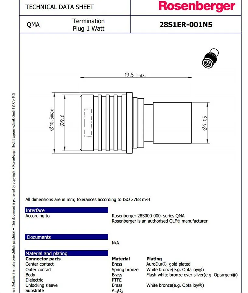 Rosenberger 28S1ER-001N5 18GHz 1W  RF microwave load as QMA male