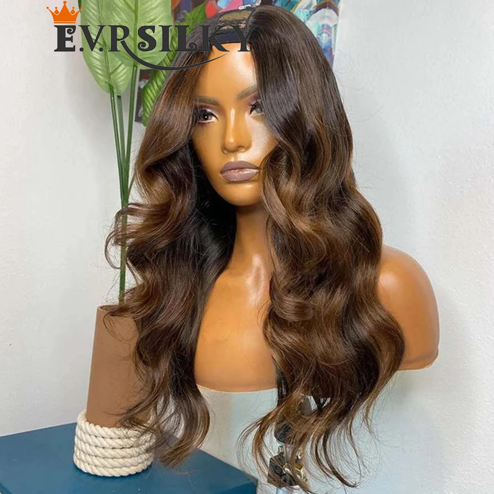 30'' Highlight Chestnut Brown Body Wave V Part Wig Remy Human Hair Loose Wavy Glueless U Shape Wigs With Straps Combs Full End