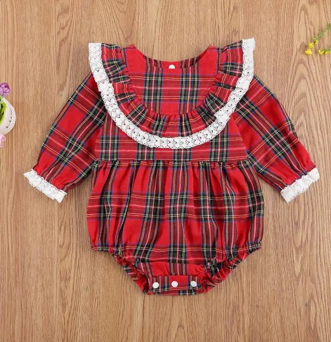 Baby Girl Christmas Bodysuits Long Sleeve Red Plaid Ruffle Lace Bodysuits Jumpsuit Xams Baby Clothes