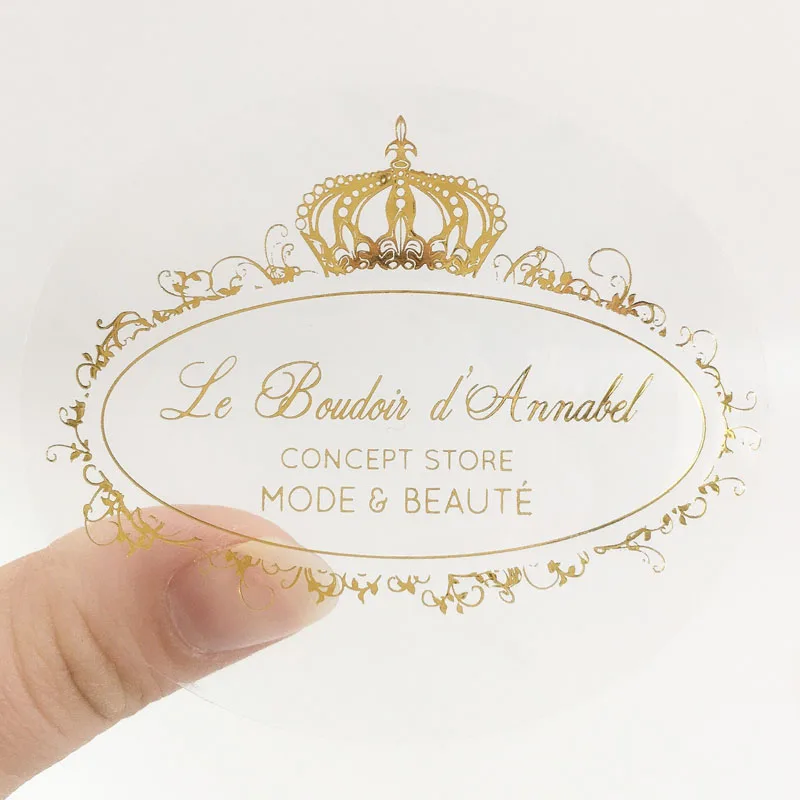 100 Stks/partij Custom Gold Folie Stickers Bruiloft Gunst Stickers Goudfolie Custom Stickers Custom Goud Verijdeld Clear Stickers