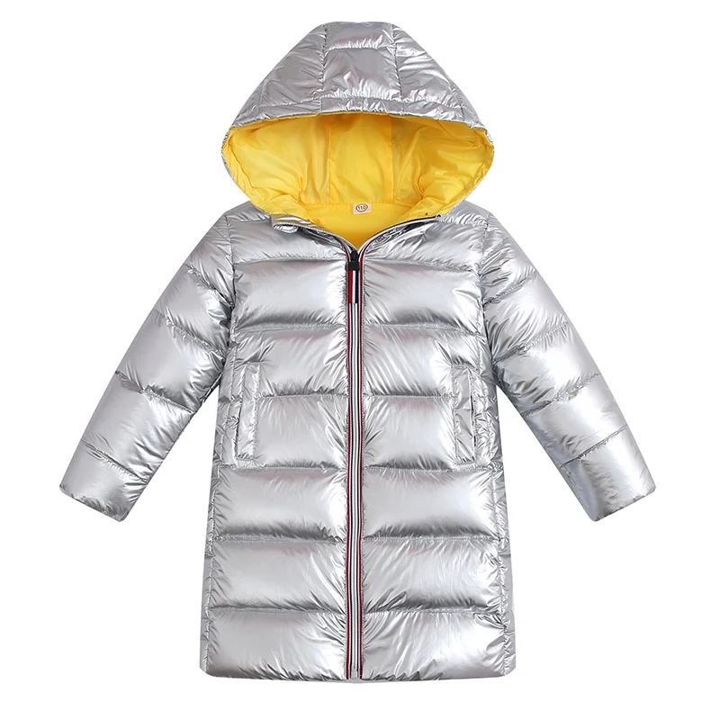 Hot Sale Children's Fashion Down Hooded Coat Kids Silver Long Duck Down Jacket Overcoat Boys & Girls Warm Outerwear Clothes P80