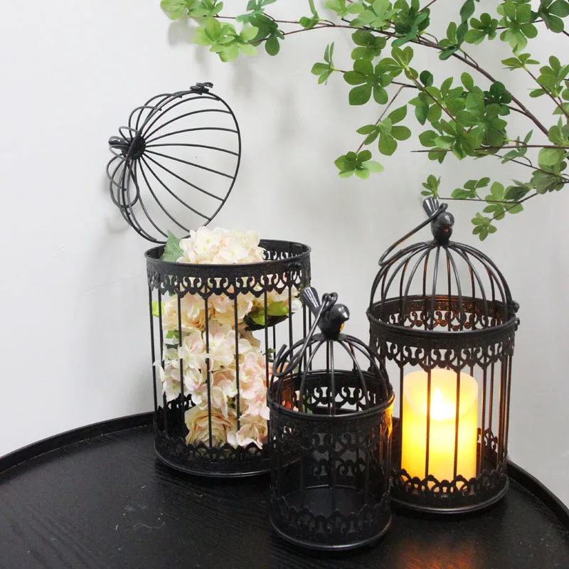 Black Modern iron wrought metal birdcage small middle Sets large bird cage decoration hanging flowerpot succulent plants