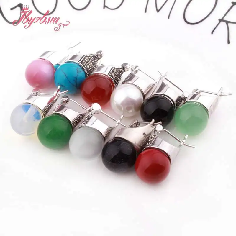 

12mm Smooth Round Earrings Inlaid Gem Stone Beads Marcastie Tibetan Silver For Party Trendy Fashion Earring 1 Pair, Monther Gift