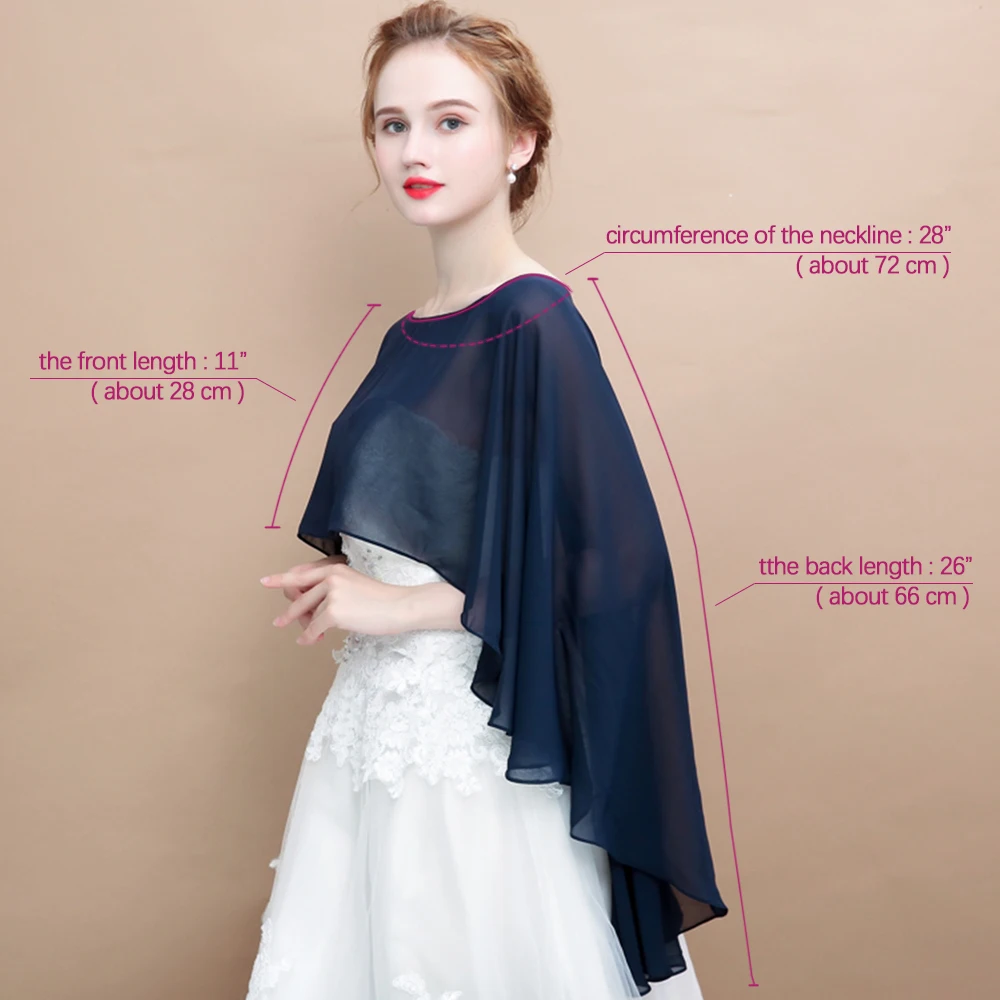 Women Wedding Cape Soft Lightweight Black Chiffon Bridal Shawl High Low Long Formal Wrap Red Evening Capes White Navy Blue Ivory