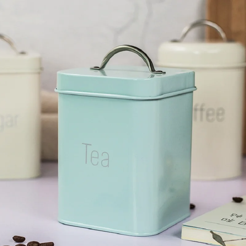 3Pcs/Set 10.6*10.6*14cm Creamy-white Cyan-blue Square Sealed Jar Coffee Pot Tea Caddy Sugar Bowl Milk Powder Can Moisture-proof