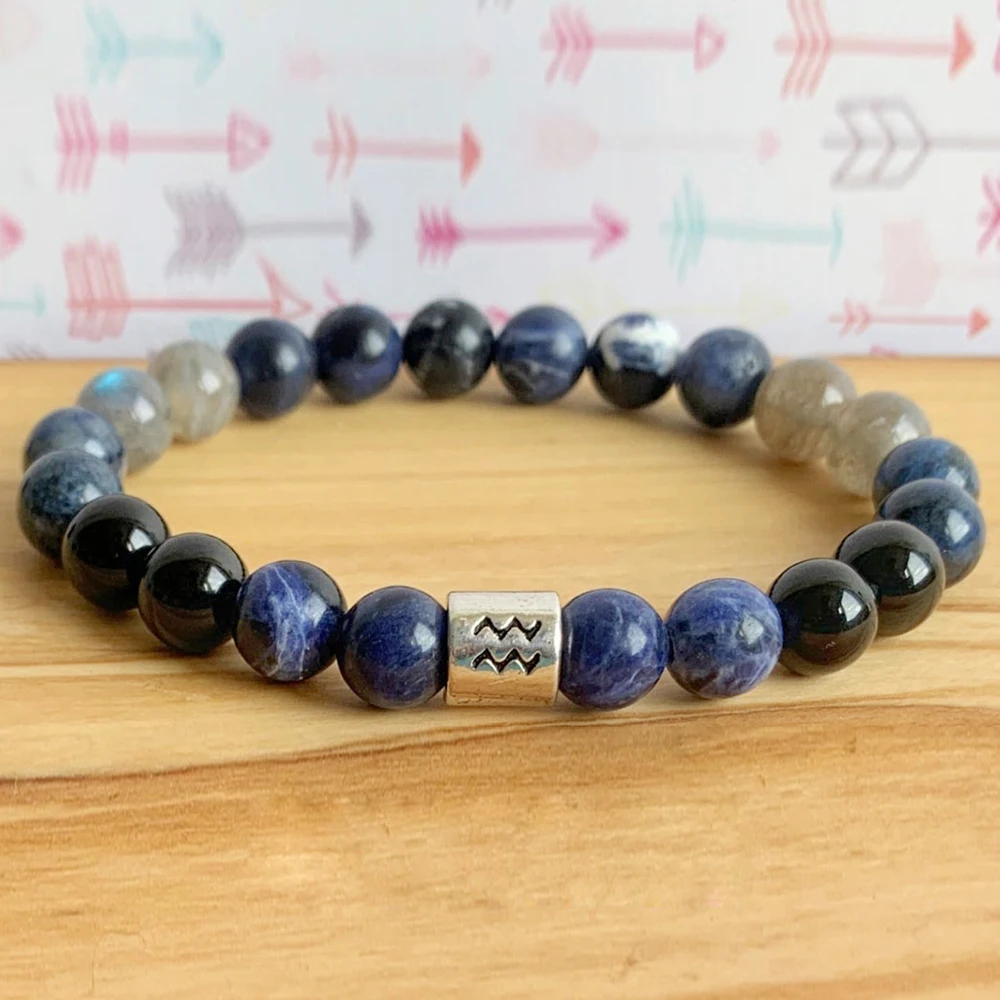 MG1308 Women`s Aquarius Zodiac Bracelet Natural Sodalite Labradorite Yoga Mala Bracelet Spiritual Balance Wrist Mala Bracelet