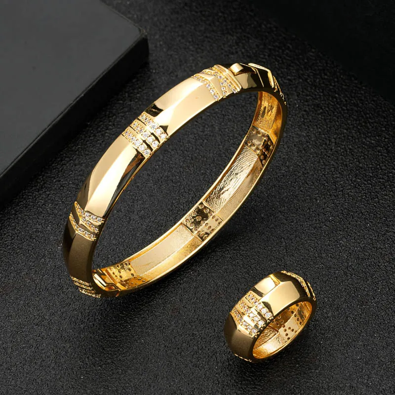 

Zlxgirl jewelry Metal Cubic zirconia women's Gold bangle with ring for bridal accessories fine women bracelet and aneis set