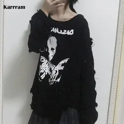 Karrram Black Gothic Lady Cotton T Shirt Women Skull Print Long Sleeve Off Shoulder Loose T-shirt Dark Goth Kawaii Irregular Top