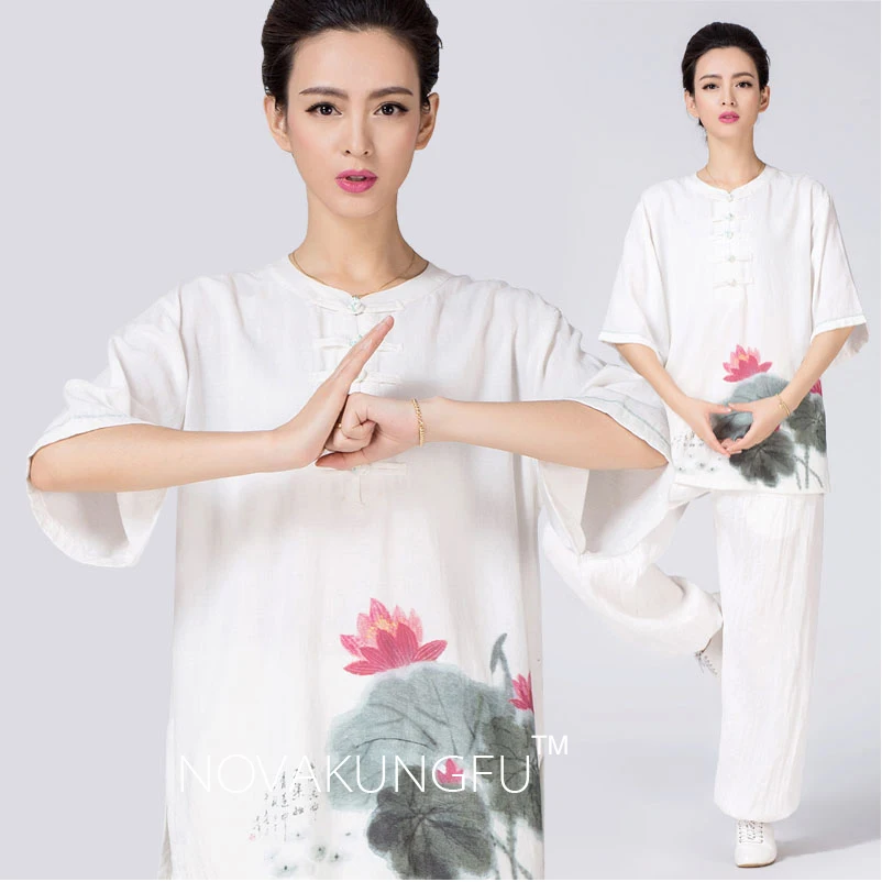 Cotton and Linen Tai Chi Uniform for Women, 2025 New Style High-End Brand Ba Duan Jin Practice Outfit, White Tai Chi Clothing