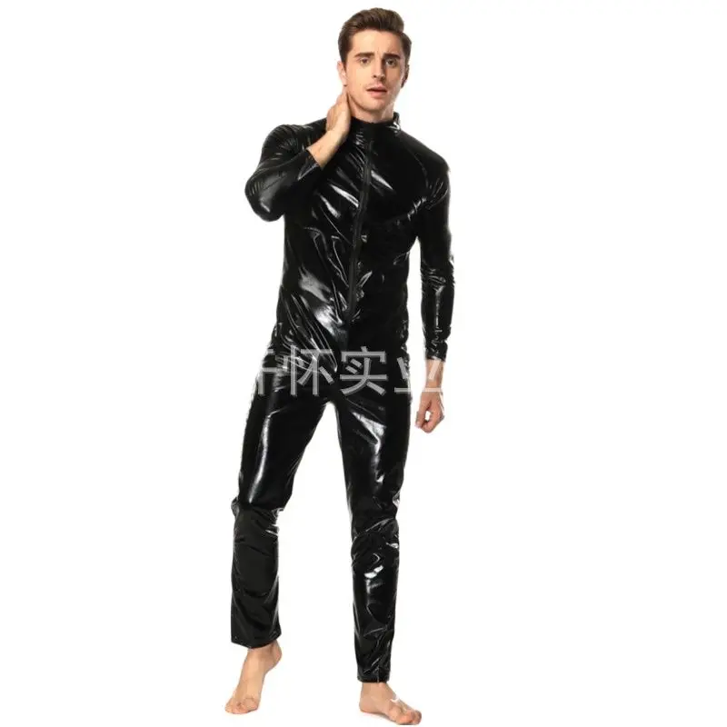 S-4XL Wet Look Catsuit Long Sleeve Close Zipper Open Crotch Bodysuit Sexy Tights Jumpsuit Mens Hot Shapers Leotard Body Clubwear