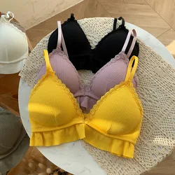 Women Bra Waffle Texture Scallop Lace V Neck Ruffle Hem Bralette Lace Edge Triangle Cup Adjustable Shoulder Straps Underwear