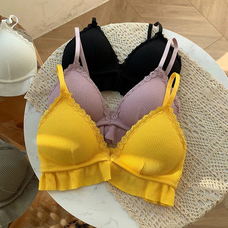 Women Bra Waffle Texture Scallop Lace V Neck Ruffle Hem Bralette Lace Edge Triangle Cup Adjustable Shoulder Straps Underwear