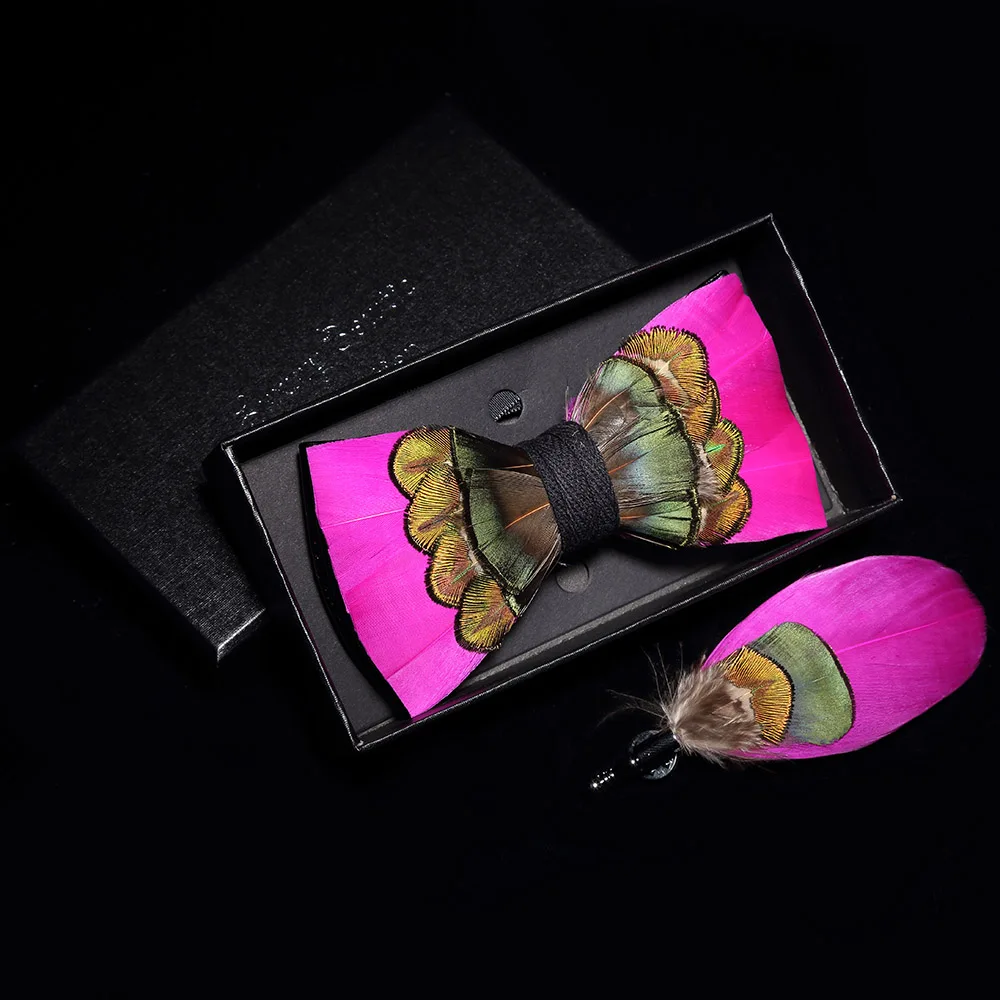 GUSLESON Original Design Mens Handmade Natural Feather Bow Tie Quality Pre-tied Bowtie For Wedding Party With Gift Box