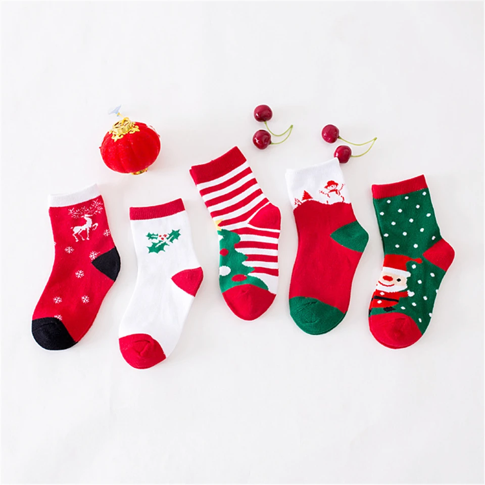 5Pairs Christmas 100% Cotton Baby Boys Girls Winter Socks New Year Striped Keep Warm Floor Anti-skid Children\'s Socks 2-12 Years