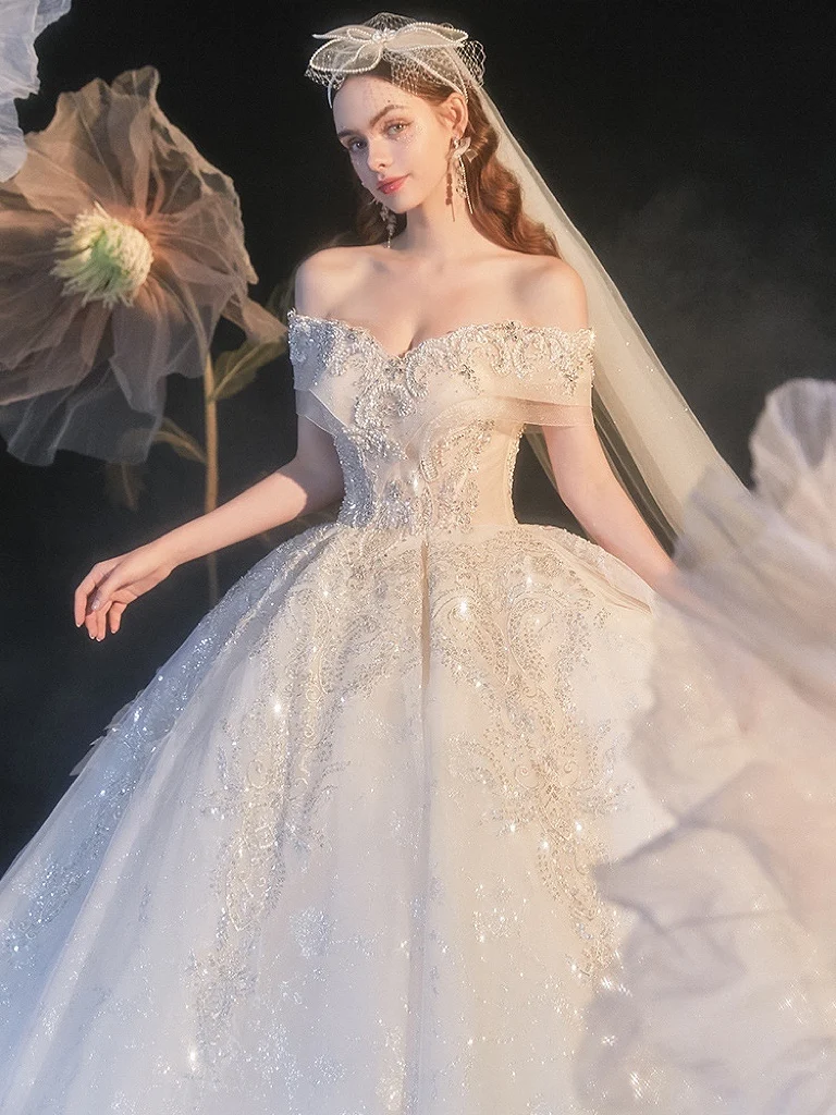 Eleganti abiti da sposa di lusso scollo a barchetta classico pizzo perline paillettes Backless Off The Shoulder abito da sposa da sposa principessa nuovo